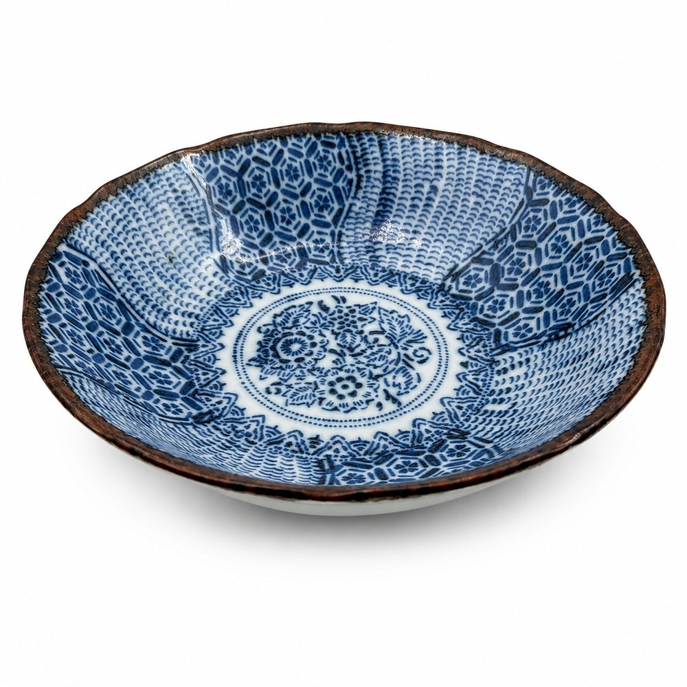 VTG Japanese Blue White Porcelain Bowl Geometric‎ Floral Pattern Made in Japan